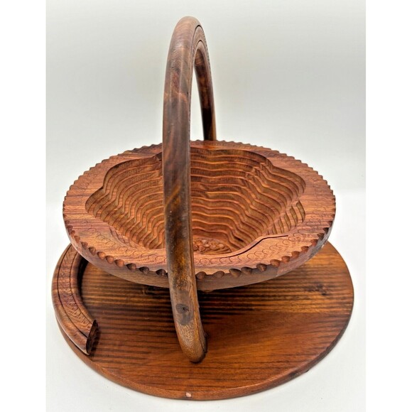 Handmade Carved Wooden Collapsible Basket Folding Dry‎ Fruit Handled Bowl Trivet - Picture 2 of 14